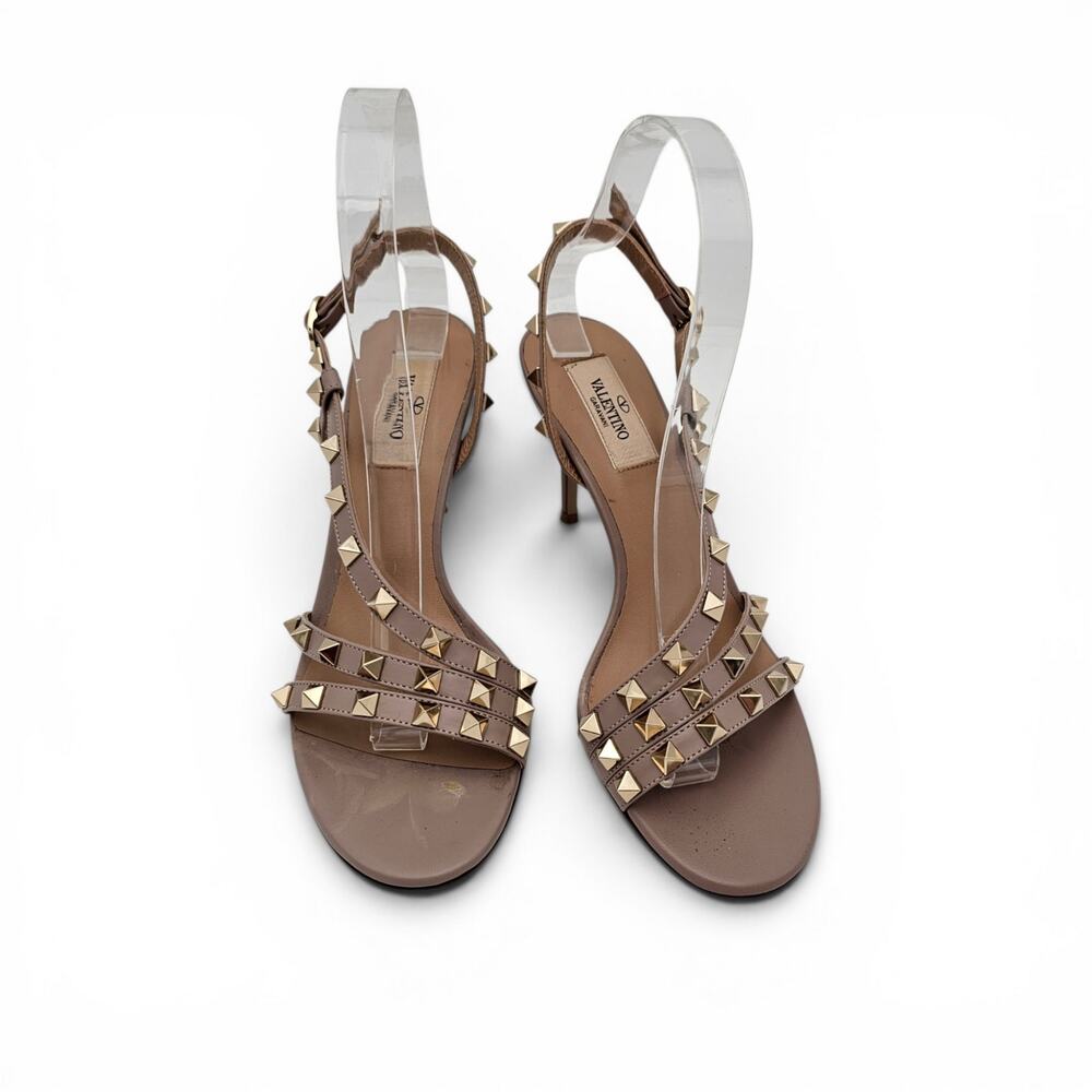 Valentino Garavani Rockstud Beige Tan Leather Slingback Heel Sandal Size 37 US 7